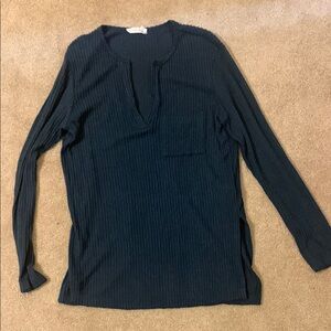 Lush Blue Ribbed Long Sleeve Mandarin Collar Blouse